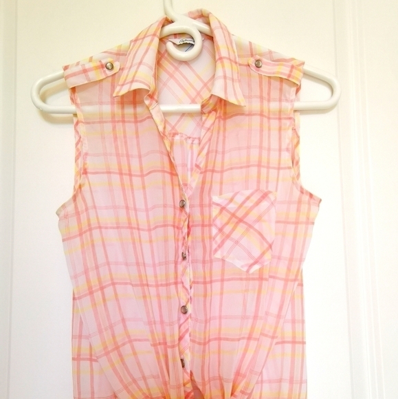 Sheer Peach and Yellow Sleeveless Tank Top Blouse - Picture 4 of 7